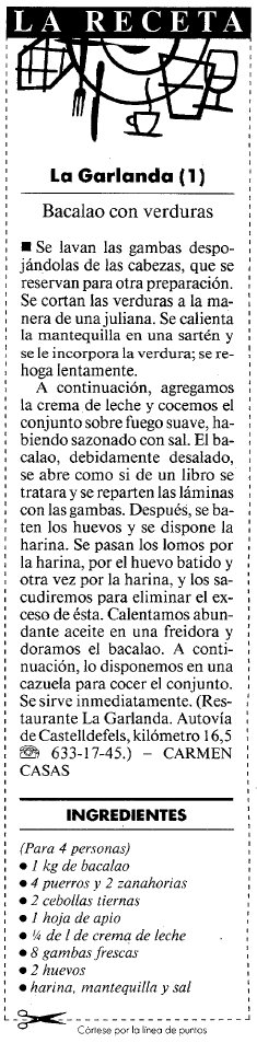 Recepta de bacall� amb verdures del restaurant 'La Garlanda' de Gav� Mar publicada al diari LA VANGUARDIA (3 Abril 1999)